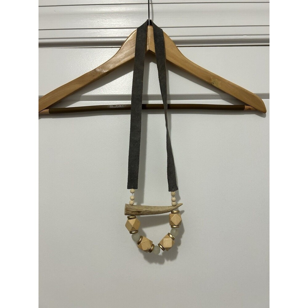 Bone Pendant Necklace Wooden Beaded Suede Strap Tribal Statement Mint Beige
